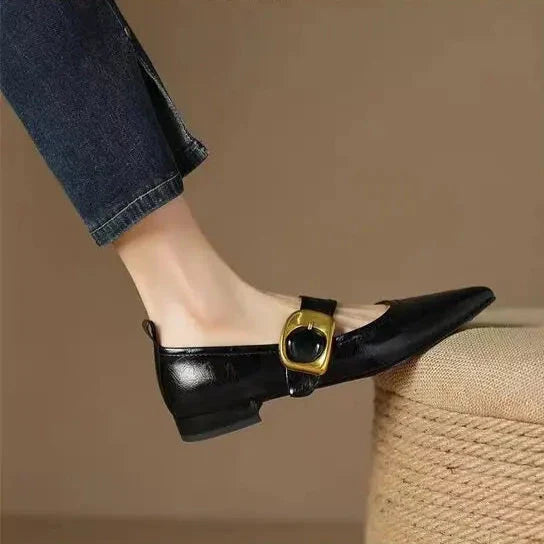 Lena | Sleek Pointed Toe Mary Jane Flats With Buckle Strap