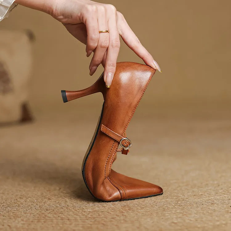 Eleanore | Elegant Pointed Toe T-Strap Leather Heels