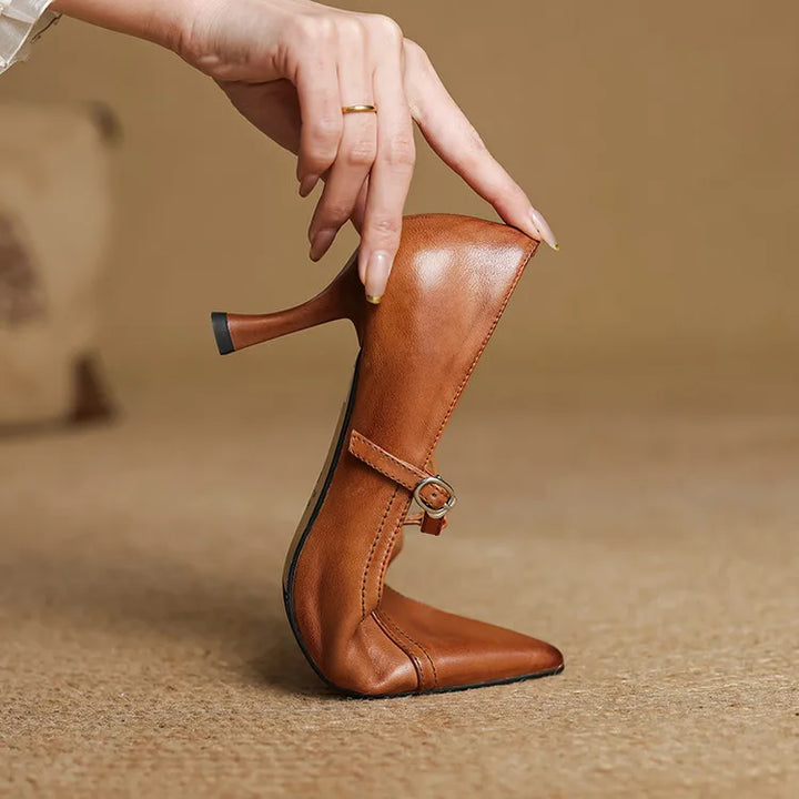 Eleanore | Elegant Pointed Toe T-Strap Leather Heels