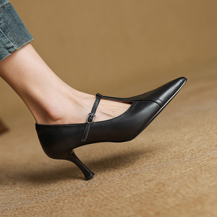 Eleanore | Elegant Pointed Toe T-Strap Leather Heels