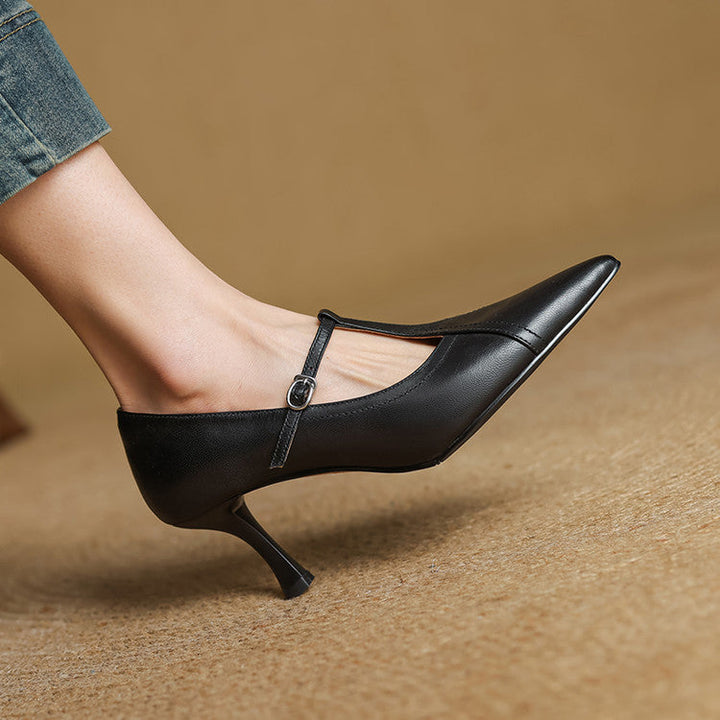 Theodora | Elegant Pointed Toe T-Strap Kitten Heels