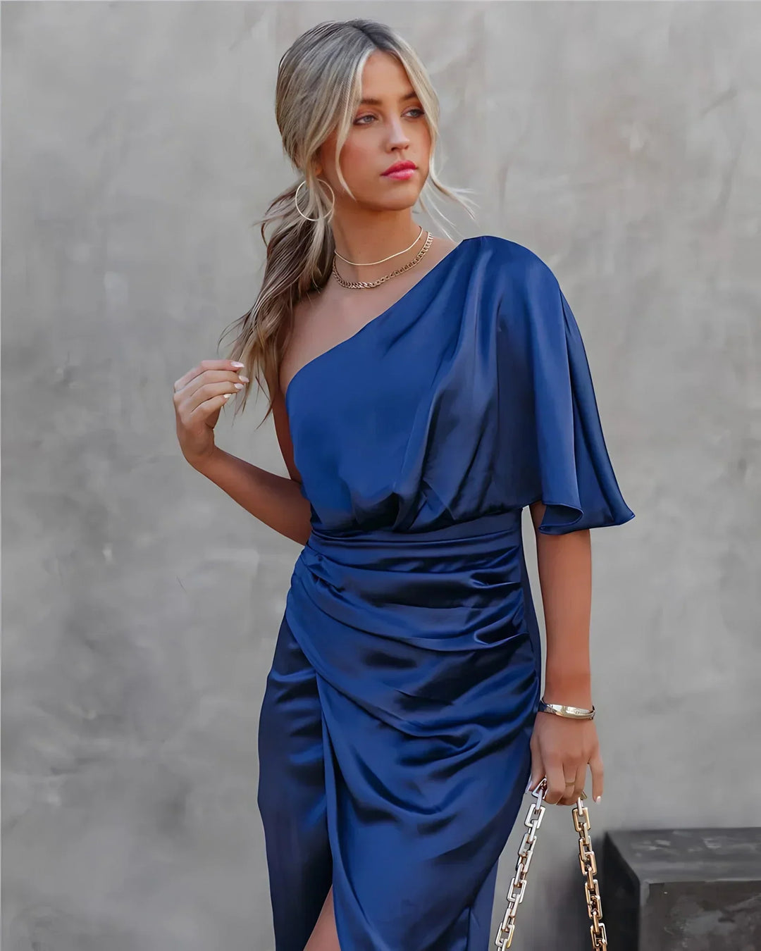 Cortney | Elegant One Shoulder Ruched Midi Dress