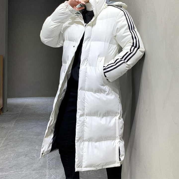 Phoebe | Sleek Men's Long Hooded Puffer Coat With Sport Stripes