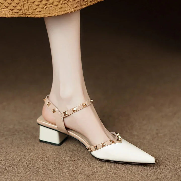 Margot | Elegant Pointed Toe Block Heel Pumps with Studded Straps