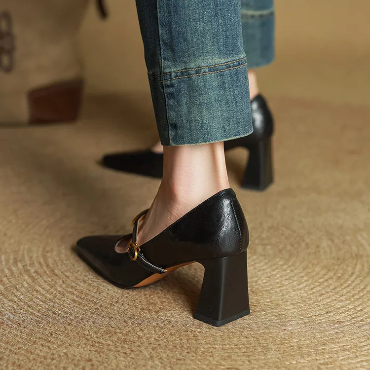 Auria | Elegant Square-Toe Mary Jane Block Heel Pumps