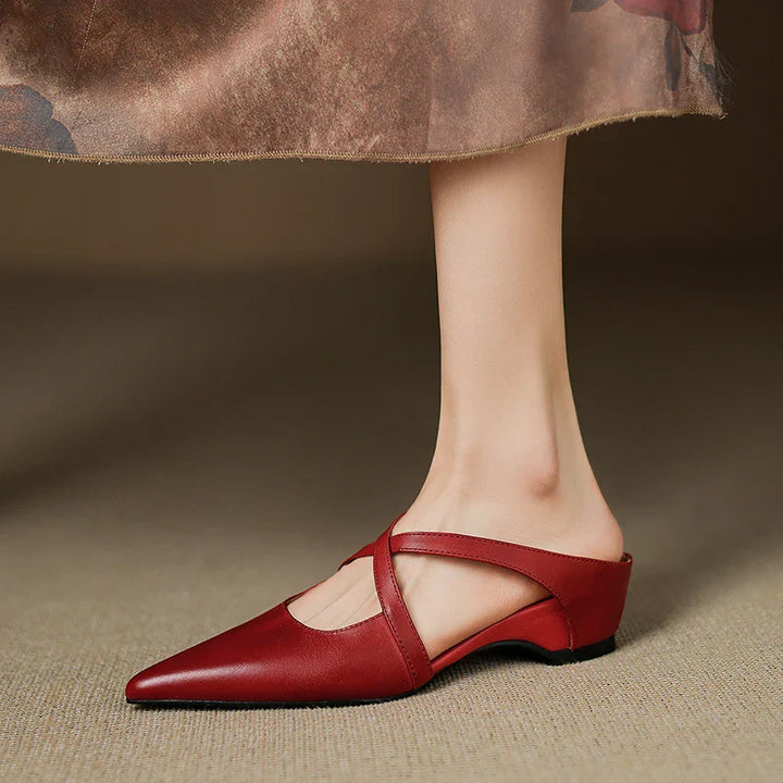 Serena | Elegant Red Leather Pointed Toe Cross-Strap Mules