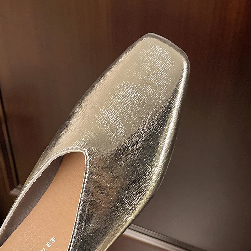 Serena | Elegant Gold Square Toe Metallic Mules With Kitten Heel