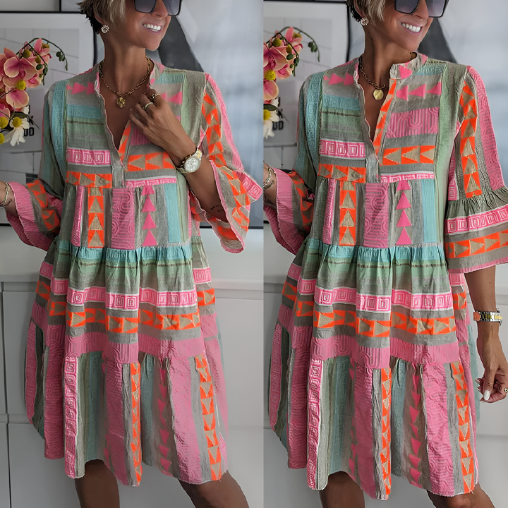 Elyse | Bohemian Geometric Print Tiered Bell Sleeve Dress