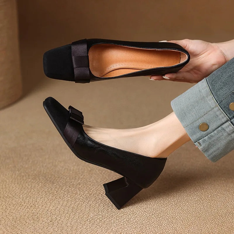 Eloise | Elegant Square Toe Block Heel Pumps With Bow Detail