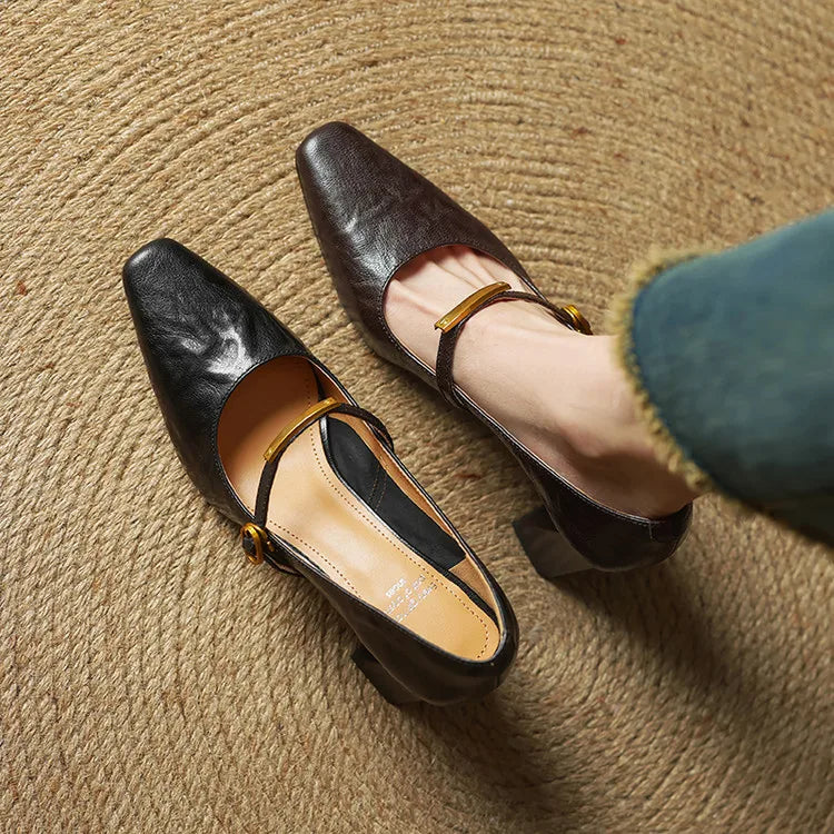 Auria | Elegant Square-Toe Mary Jane Block Heel Pumps