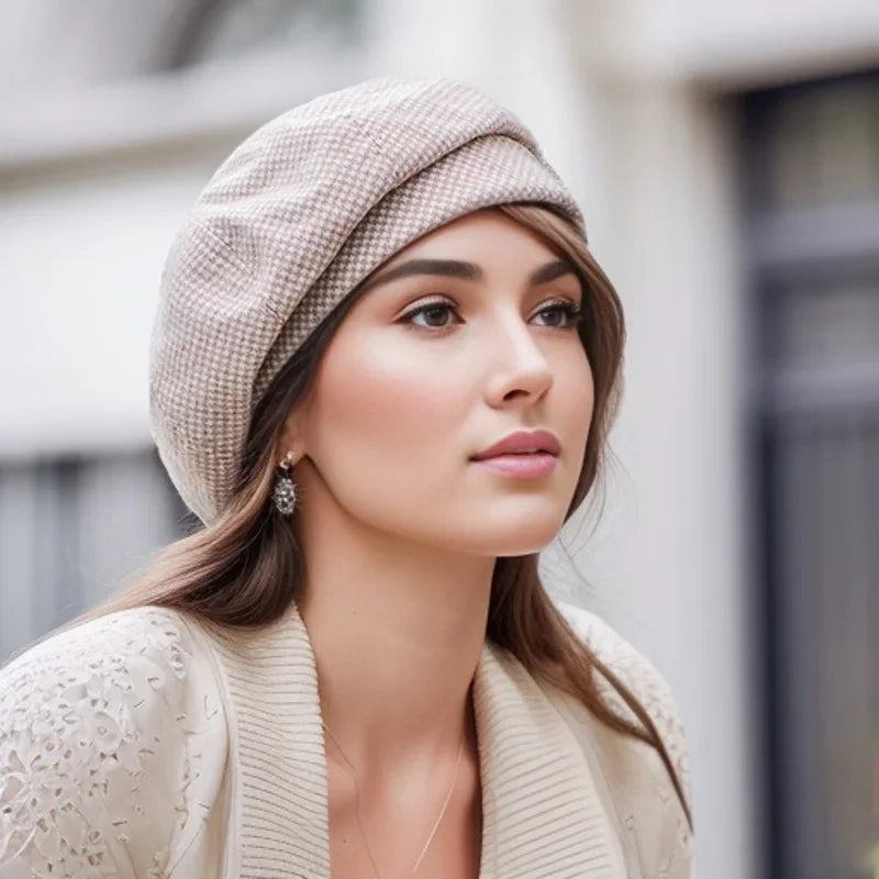 Phoebe | Elegant Houndstooth Check Pattern Beret Hat