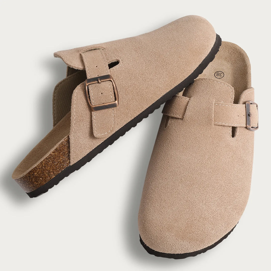 Ophelia | Elegant Suede Buckle Clogs With Cork Sole