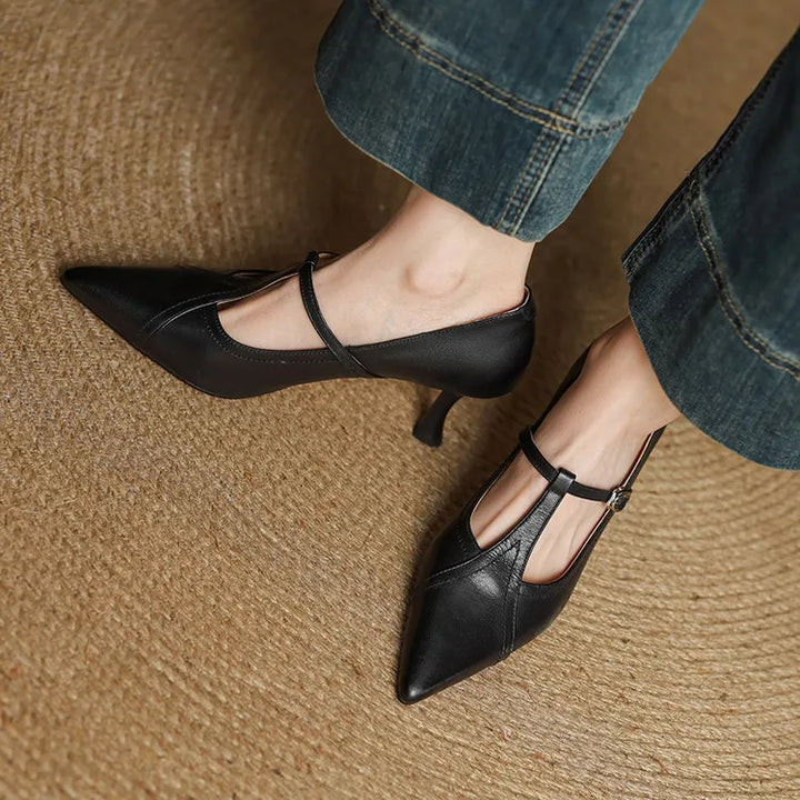 Eleanore | Elegant Pointed Toe T-Strap Leather Heels