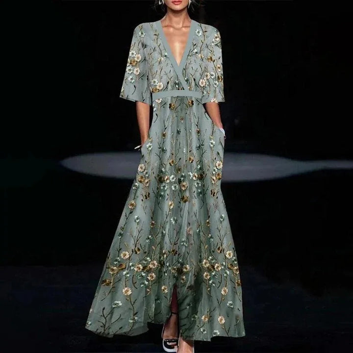 Rosalynn | Elegant V-Neck Floral Embroidered Maxi Dress