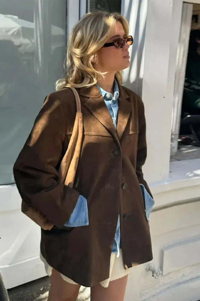 Madison | Chic Oversized Brown Suede Leather Blazer Women