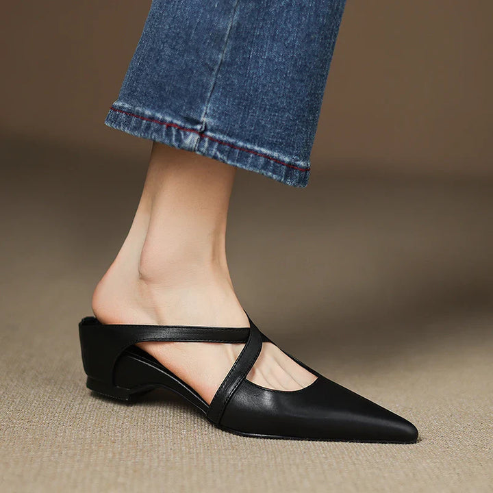 Serena | Elegant Red Leather Pointed Toe Cross-Strap Mules