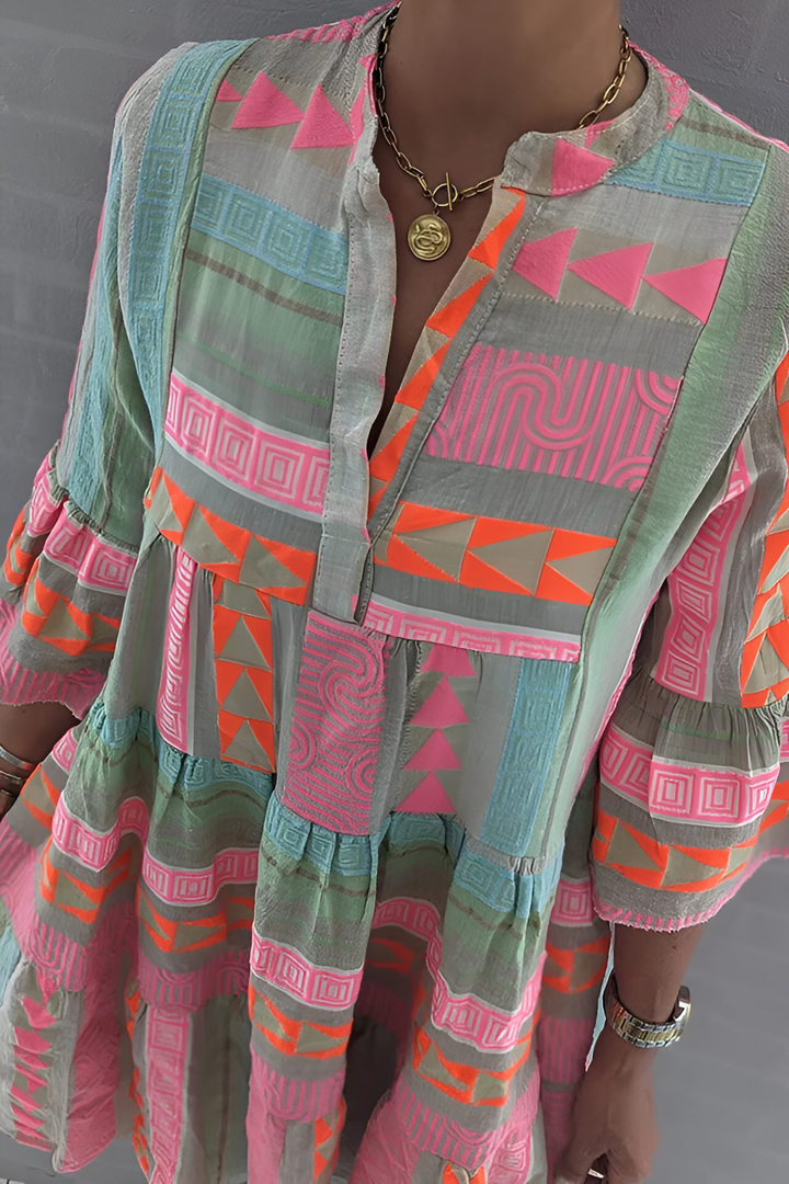 Elyse | Bohemian Geometric Print Tiered Bell Sleeve Dress