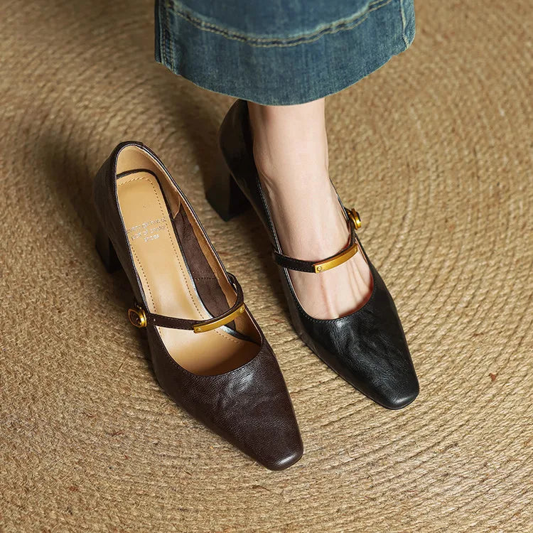 Auria | Elegant Square-Toe Mary Jane Block Heel Pumps