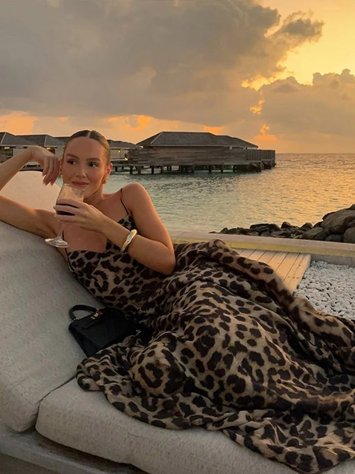 Riley | Elegant Leopard Print Sweetheart Maxi Dress
