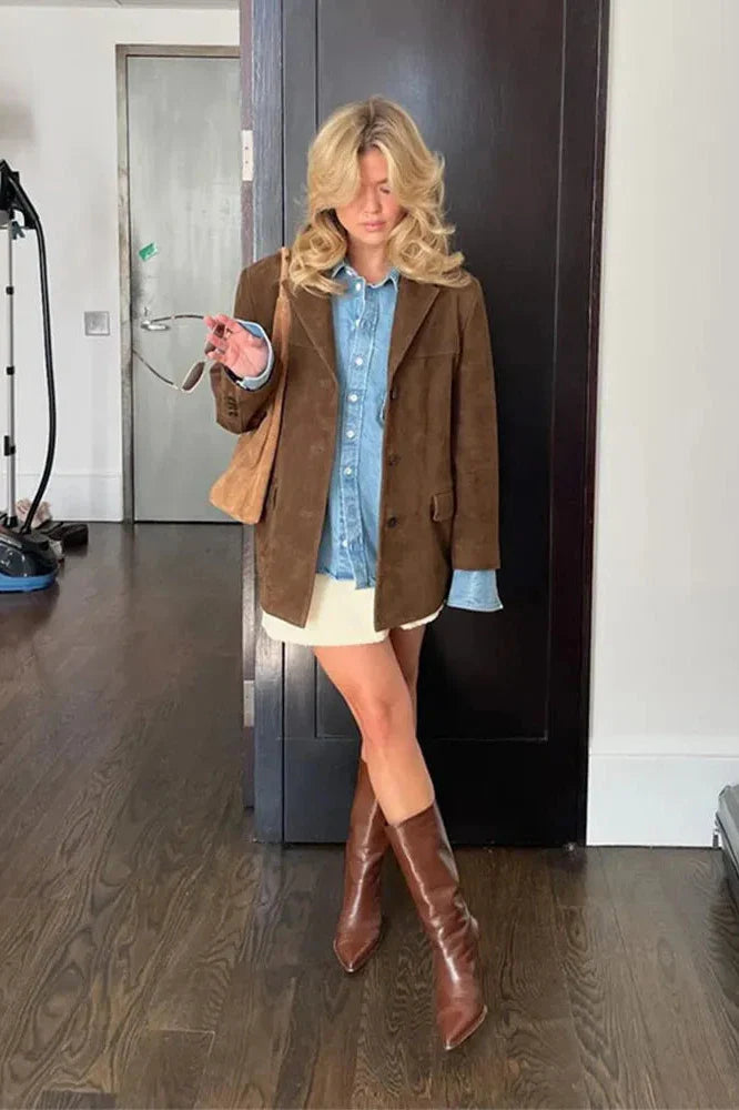 Madison | Chic Oversized Brown Suede Leather Blazer Women