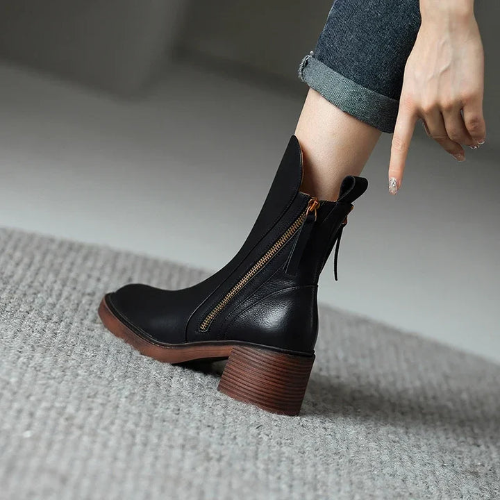 Tessa | Sleek Block Heel Ankle Boots With Double Side Zippers