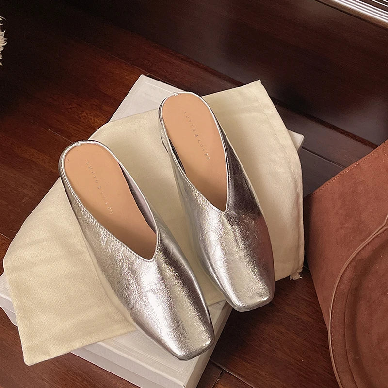 Serena | Elegant Gold Square Toe Metallic Mules With Kitten Heel