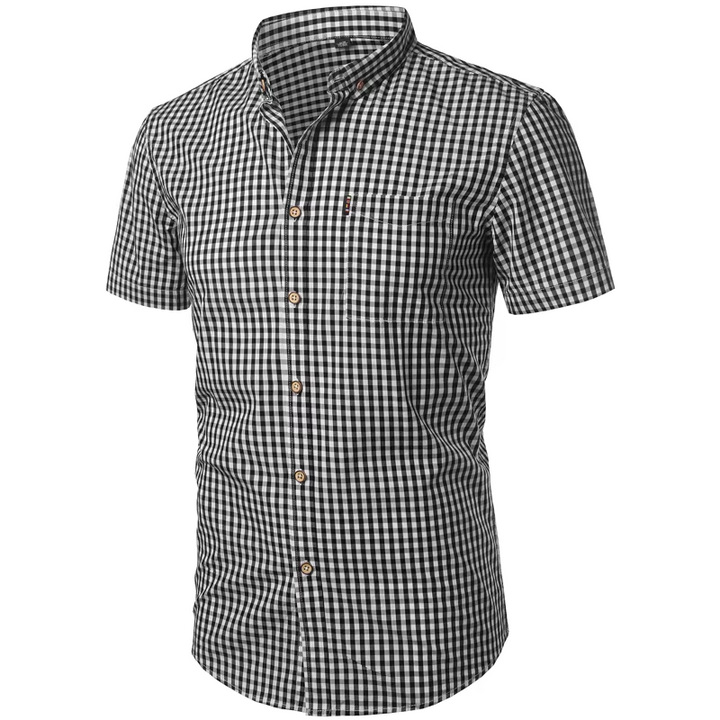 Imogen | Stylish Light Blue Gingham Short Sleeve Button-Down Shirt