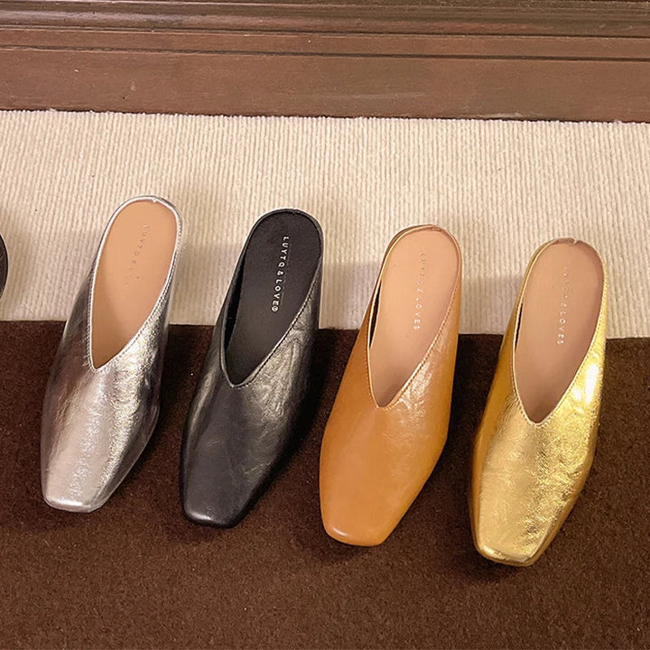 Serena | Elegant Gold Square Toe Metallic Mules With Kitten Heel