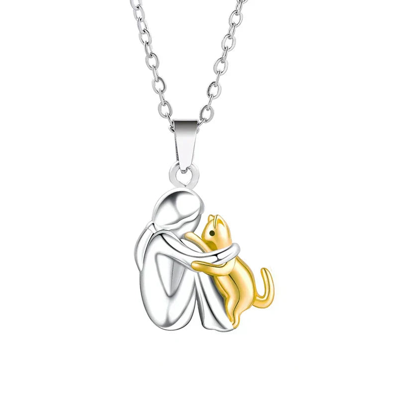 Serena | Elegant Cat Embrace Pendant Necklace Silver Rose Gold