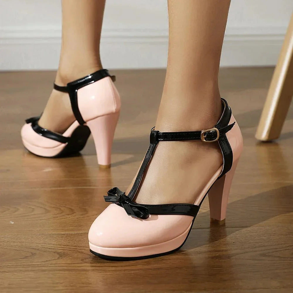 Elise | Elegant T-Strap Platform Heels With Bow Detail
