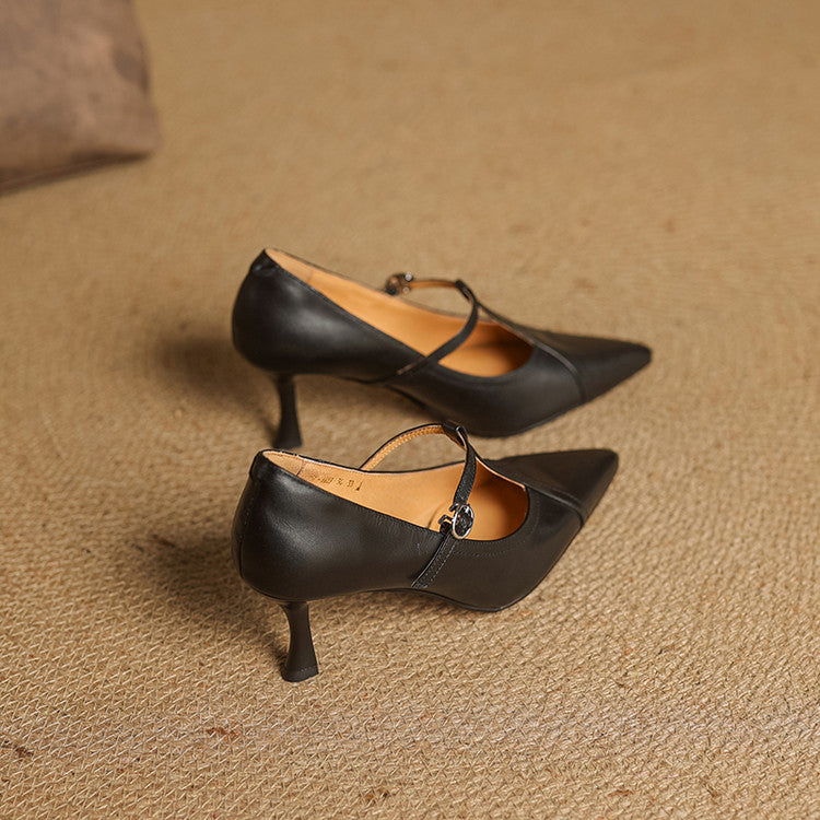 Theodora | Elegant Pointed Toe T-Strap Kitten Heels