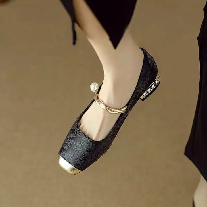 Naila | Elegant Pearl Strap Mary Jane Low Heel Pumps
