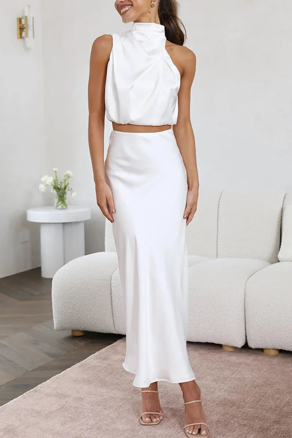 Evelyn | Chic Halter Satin Two Piece Set Sleeveless Maxi Ensemble