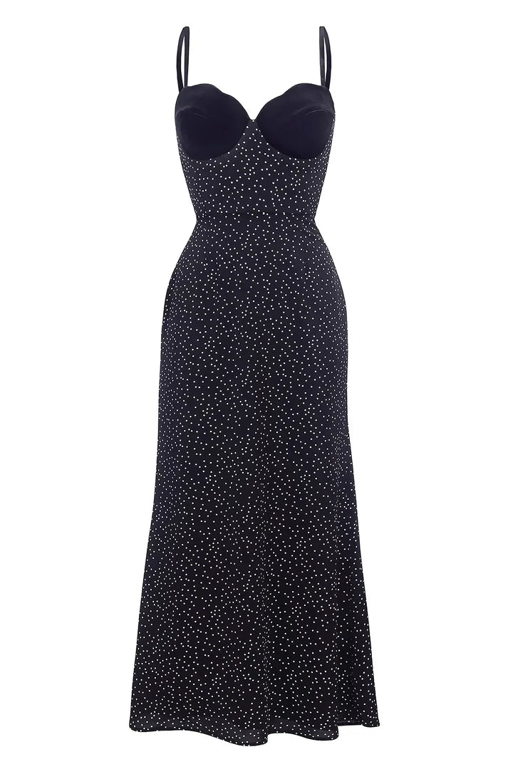 Polka Dot Velvet Insert Sleeveless Midi Dress Women - Black