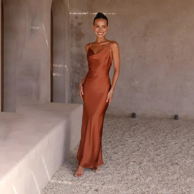 Sybil | Elegant Cowl Neck Satin Maxi Gown