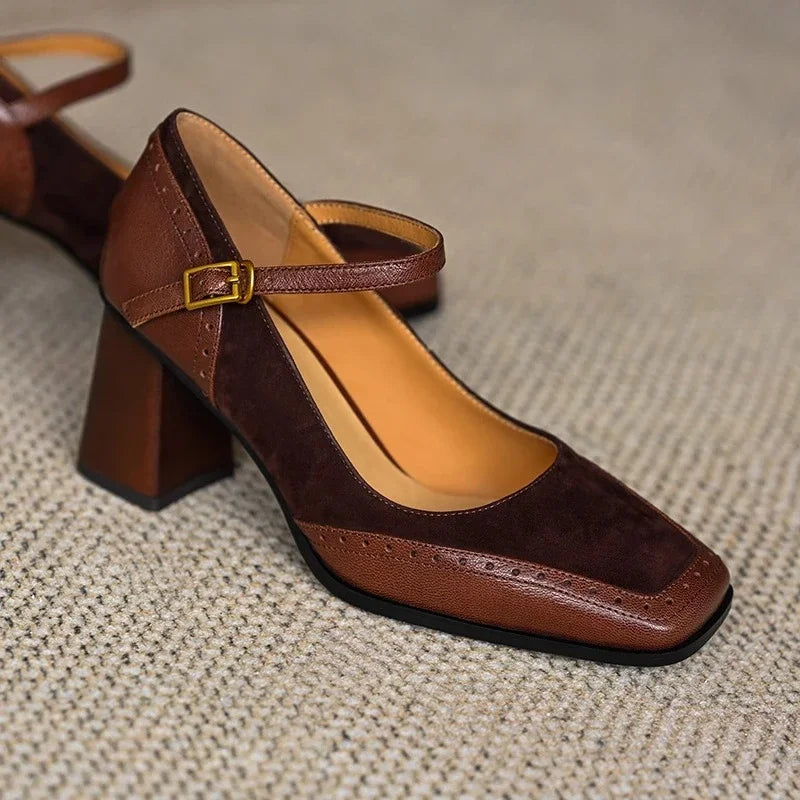 Margot | Chic Brown Mary Jane Block Heels With Square Toe
