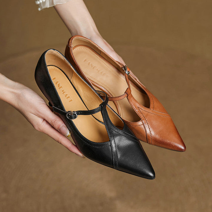 Eleanore | Elegant Pointed Toe T-Strap Leather Heels
