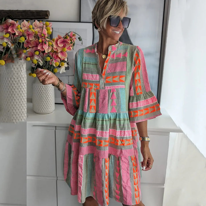 Tess | Boho Tiered V-Neck Mini Dress With Bell Sleeves