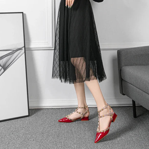 Margot | Chic Red Patent Leather Studded Block Heels