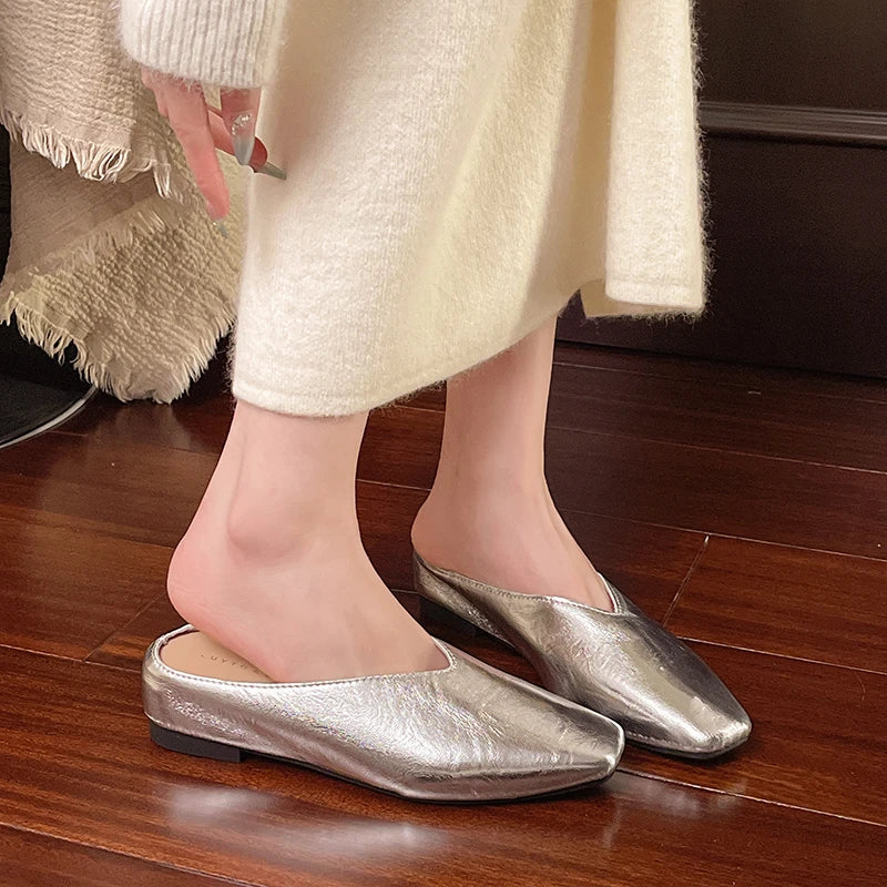Serena | Elegant Gold Square Toe Metallic Mules With Kitten Heel