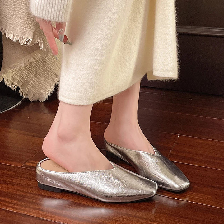 Serena | Elegant Gold Square Toe Metallic Mules With Kitten Heel