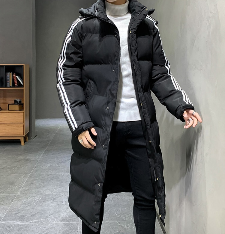 Phoebe | Sleek Men's Long Hooded Puffer Coat With Sport Stripes