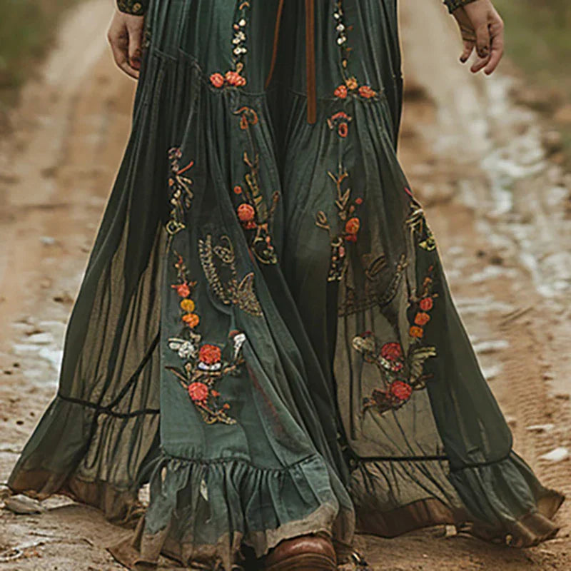 Rosalina | Elegant Embroidered V-Neck Boho Maxi Dress