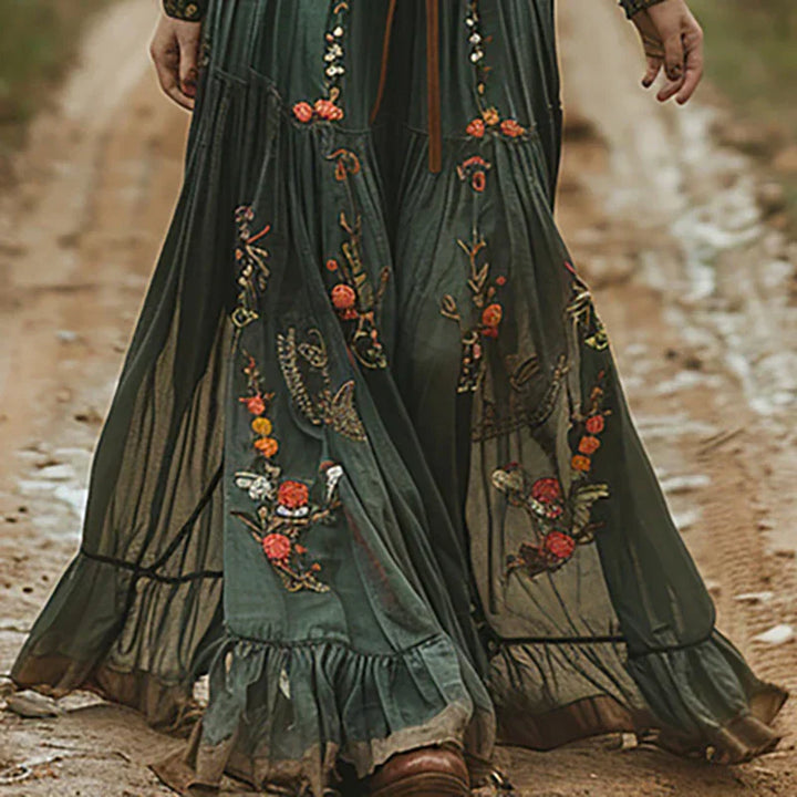 Rosalina | Elegant Embroidered V-Neck Boho Maxi Dress