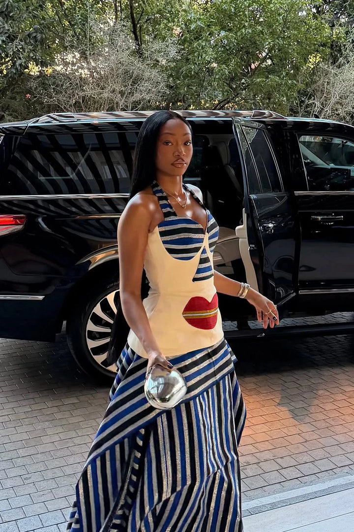 Esperanza | Elegant Halter High-Low Striped Maxi Skirt