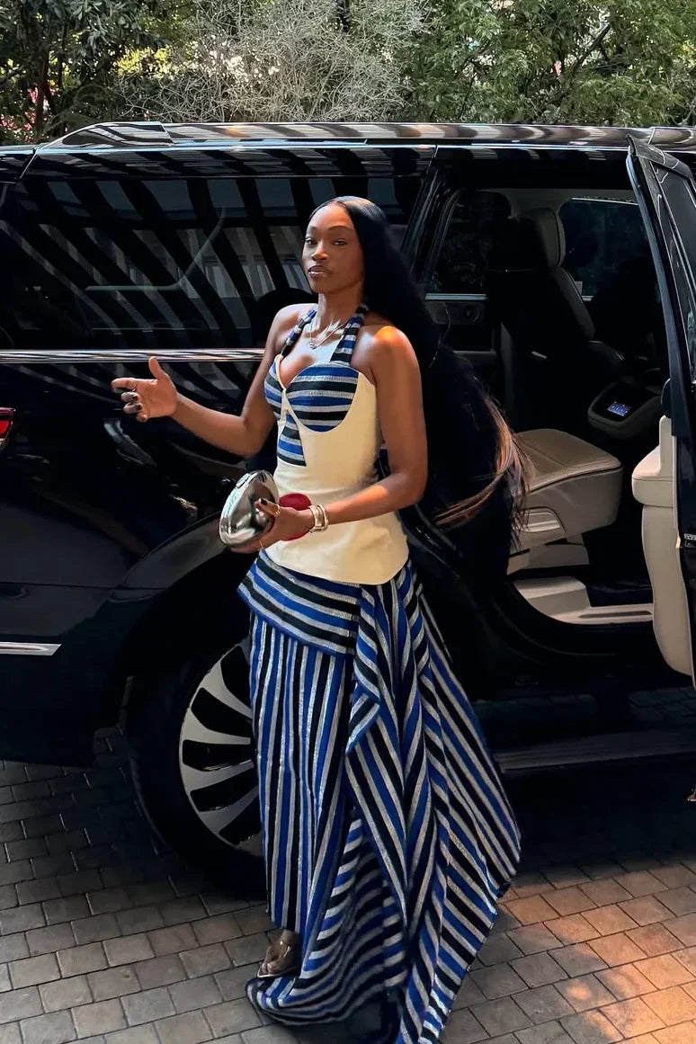 Esperanza | Elegant Halter High-Low Striped Maxi Skirt