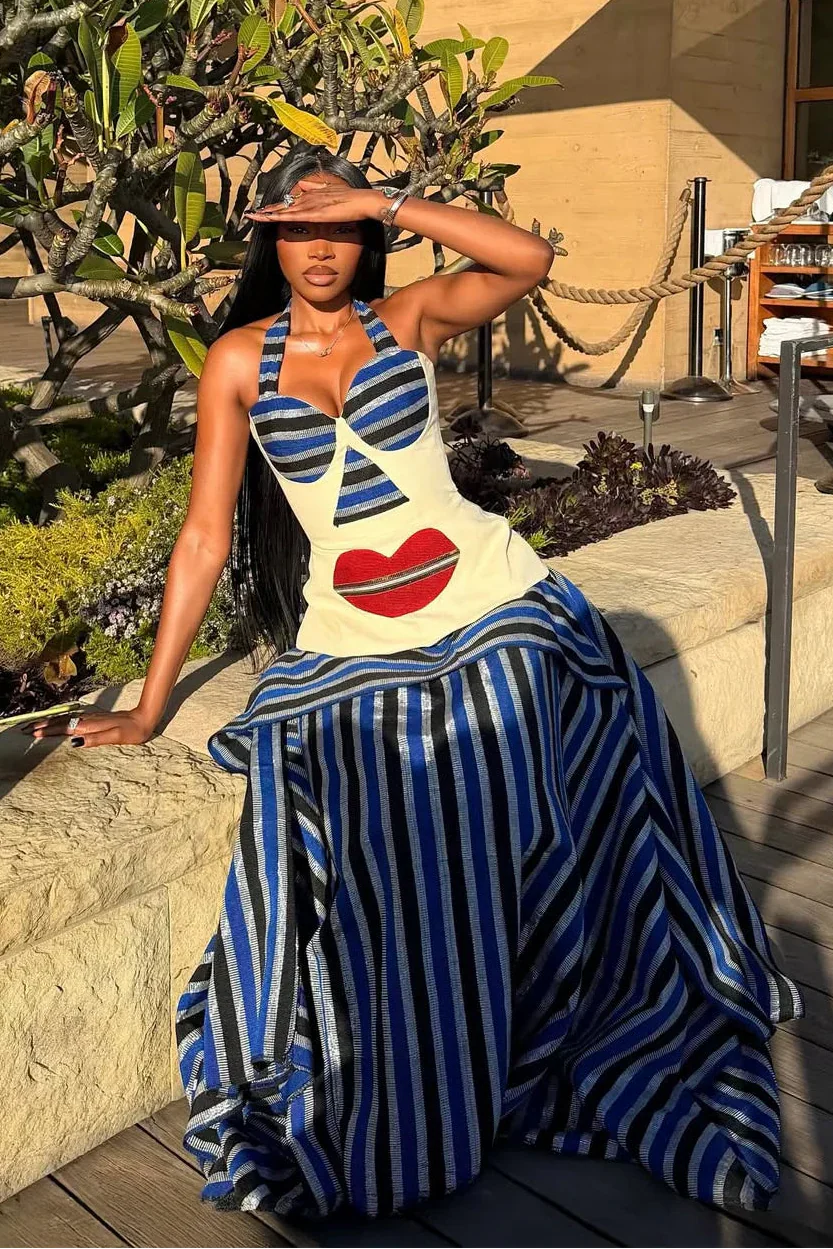 Esperanza | Elegant Halter High-Low Striped Maxi Skirt