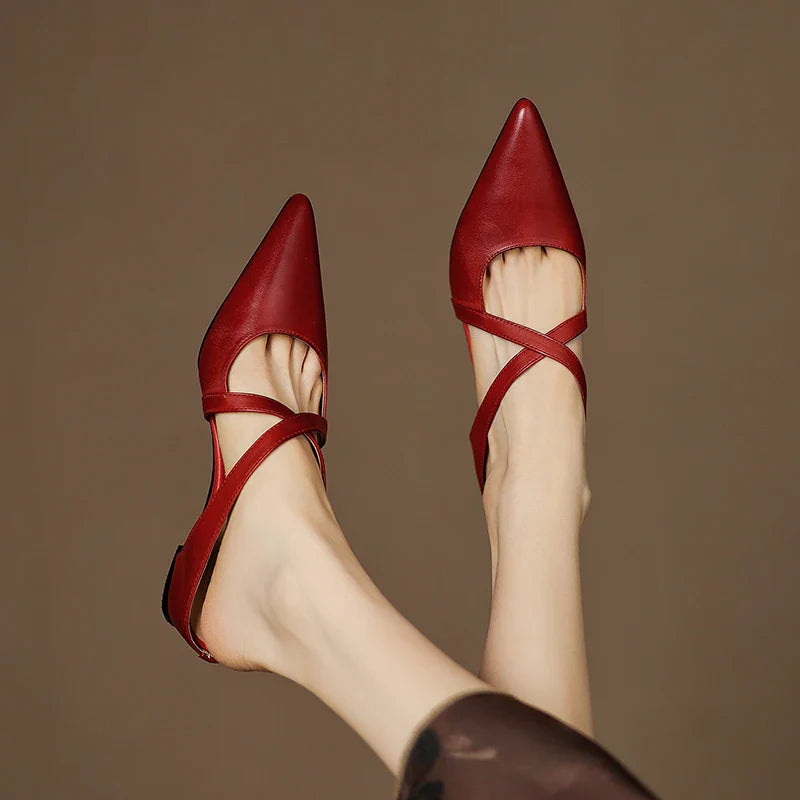 Serena | Elegant Red Leather Pointed Toe Cross-Strap Mules
