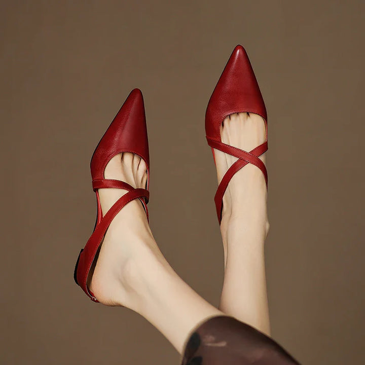 Serena | Elegant Red Leather Pointed Toe Cross-Strap Mules