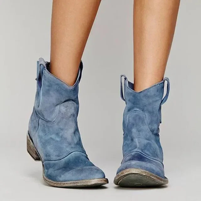 Tess | Vintage Blue Suede Ankle Boots With Western Style